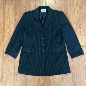 Le Suit Size 14P Blazer Jacket Women’s Petites Black Pin Striped 4 Buttons VTG